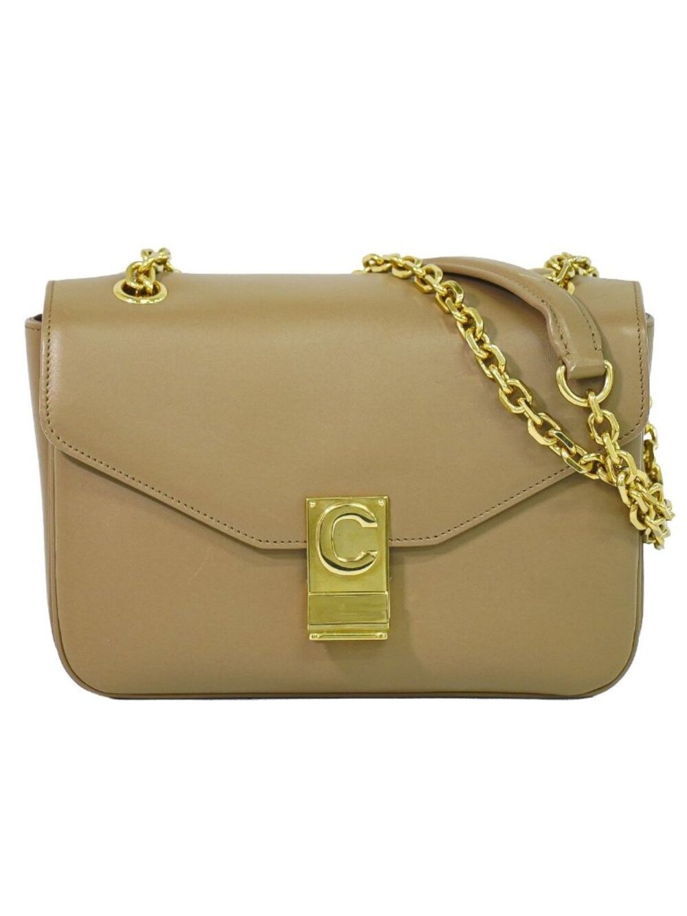 Celine Small C Chain Shoulder Bag Pochette Leather Beige